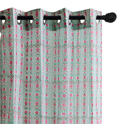 Seagreen and Pink Pattern Jaal Cotton Handblock Curtain (Pair of 2 Curtains)