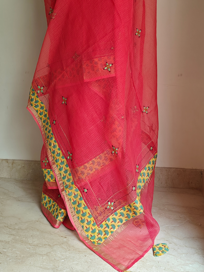 Peach Kota Patchwork Hand Embroidered Saree