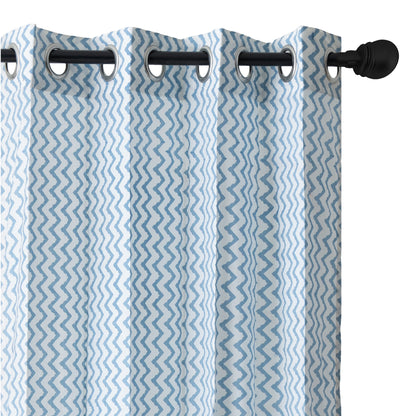 Sky Blue Zigzag Cotton Handblock Curtain (Pair of 2 Curtains)