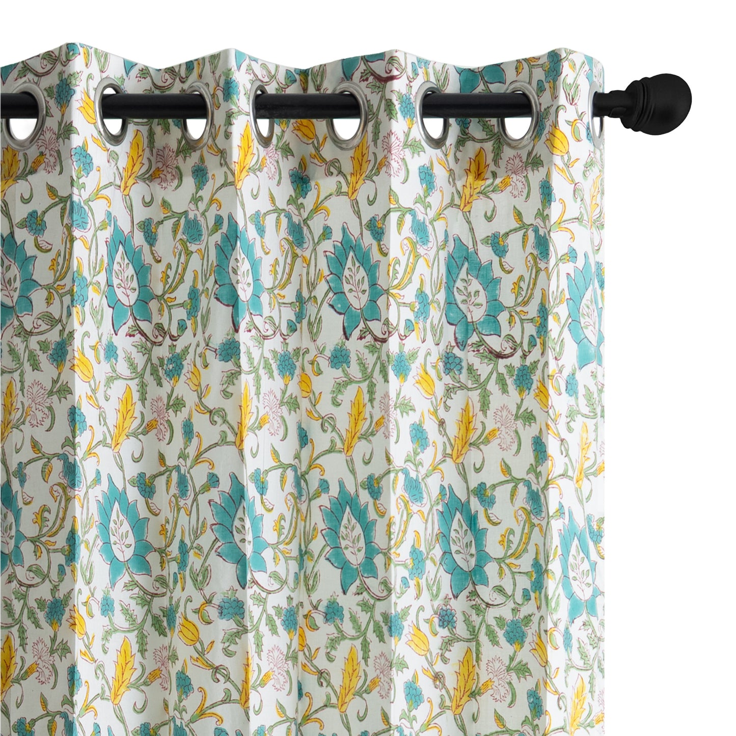 Yellow and Seagreen Jaal Cotton Handblock Curtain (Pair of 2 Curtains)