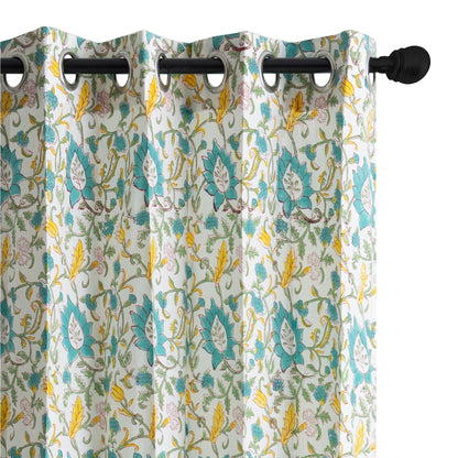 Yellow and Seagreen Jaal Cotton Handblock Curtain (Pair of 2 Curtains)