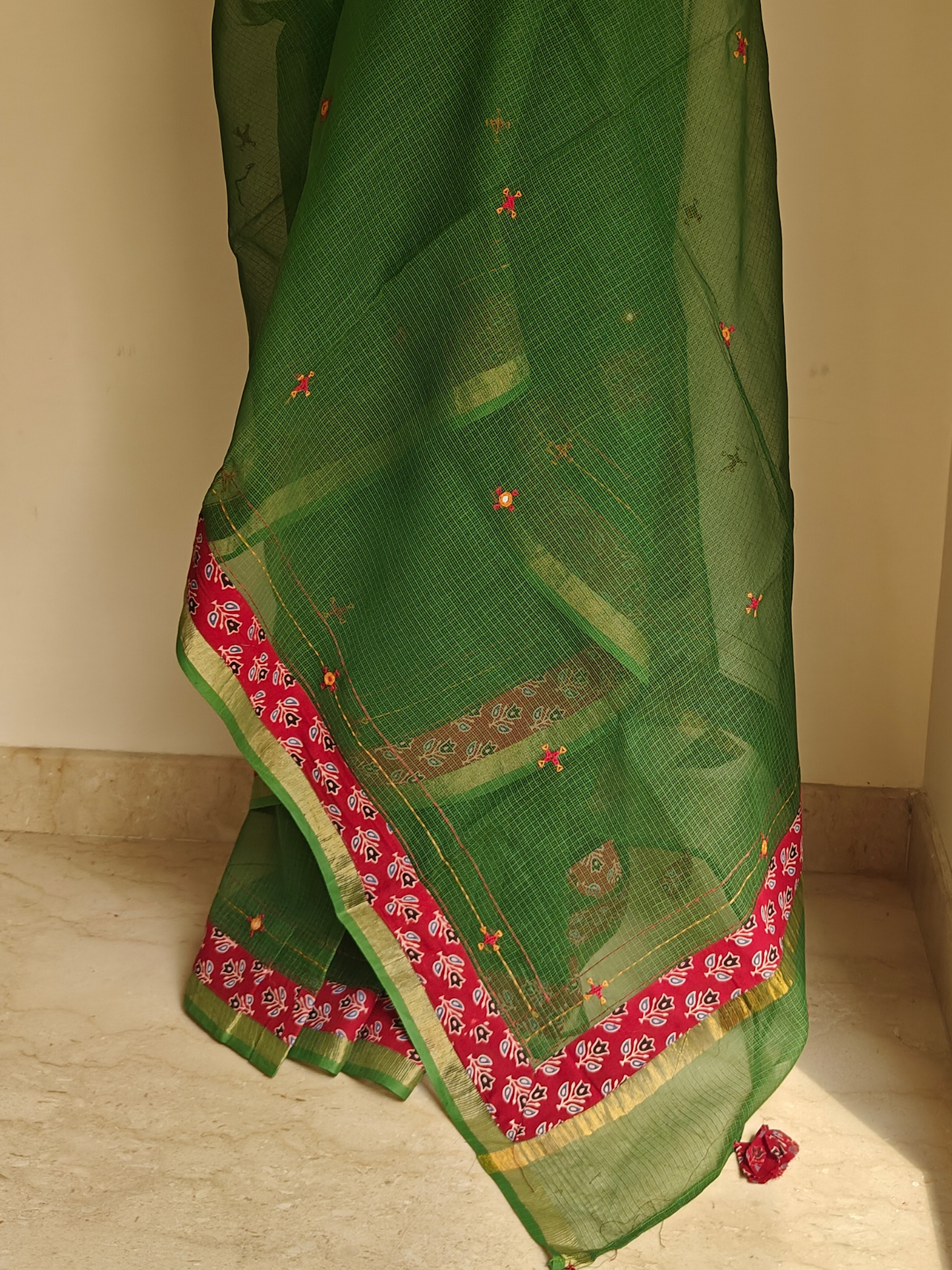 Green Kota Patchwork Hand Embroidered Saree
