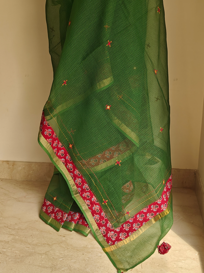 Green Kota Patchwork Hand Embroidered Saree