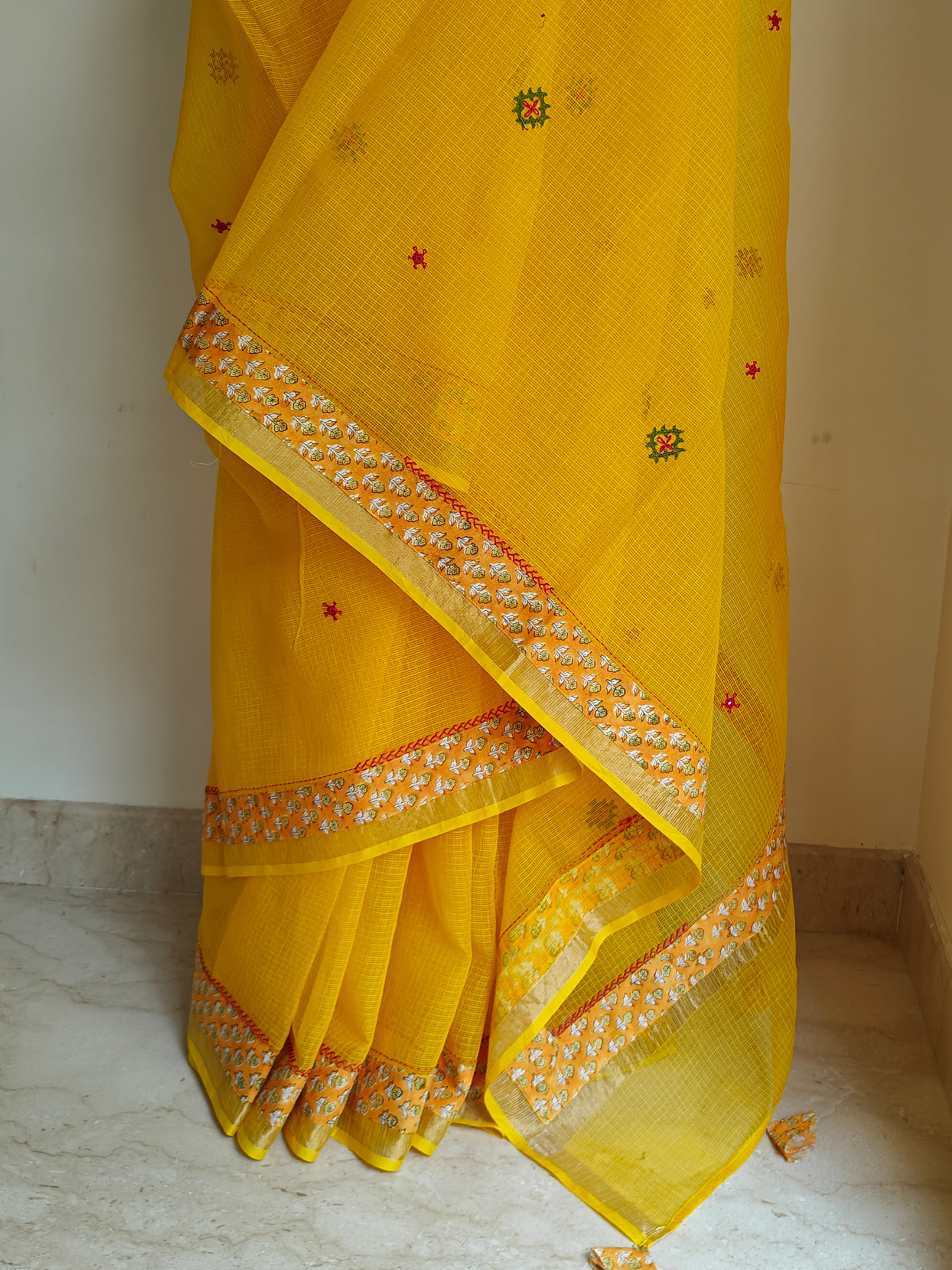 Yellow Kota Patchwork Hand Embroidered Saree