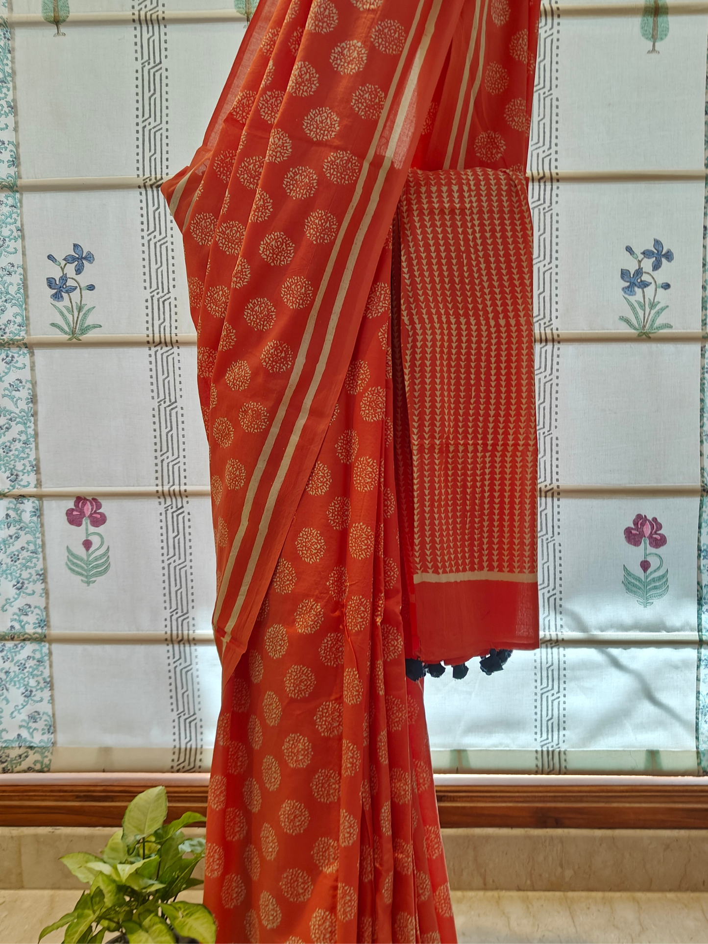 Peach Coral Handblock Printed Mull Cotton Saree