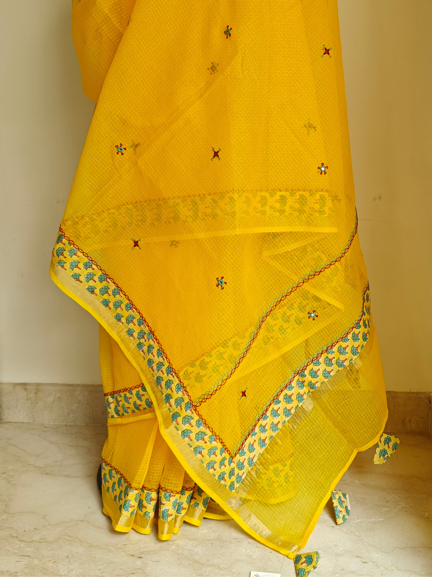 Yellow Kota Patchwork Hand Embroidered Saree