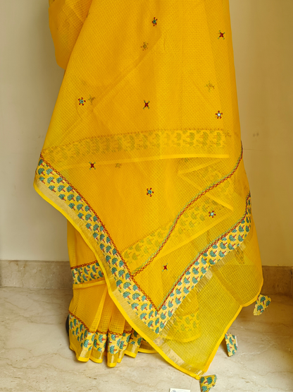 Yellow Kota Patchwork Hand Embroidered Saree