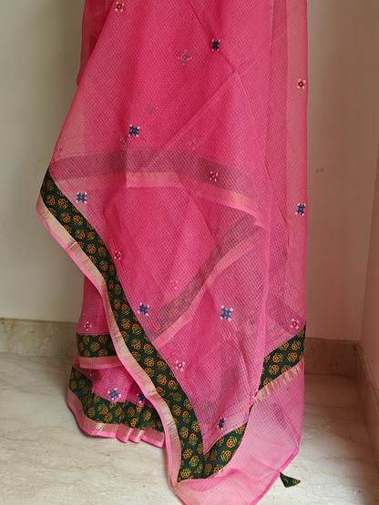 Pink Kota Patchwork Hand Embroidered Saree