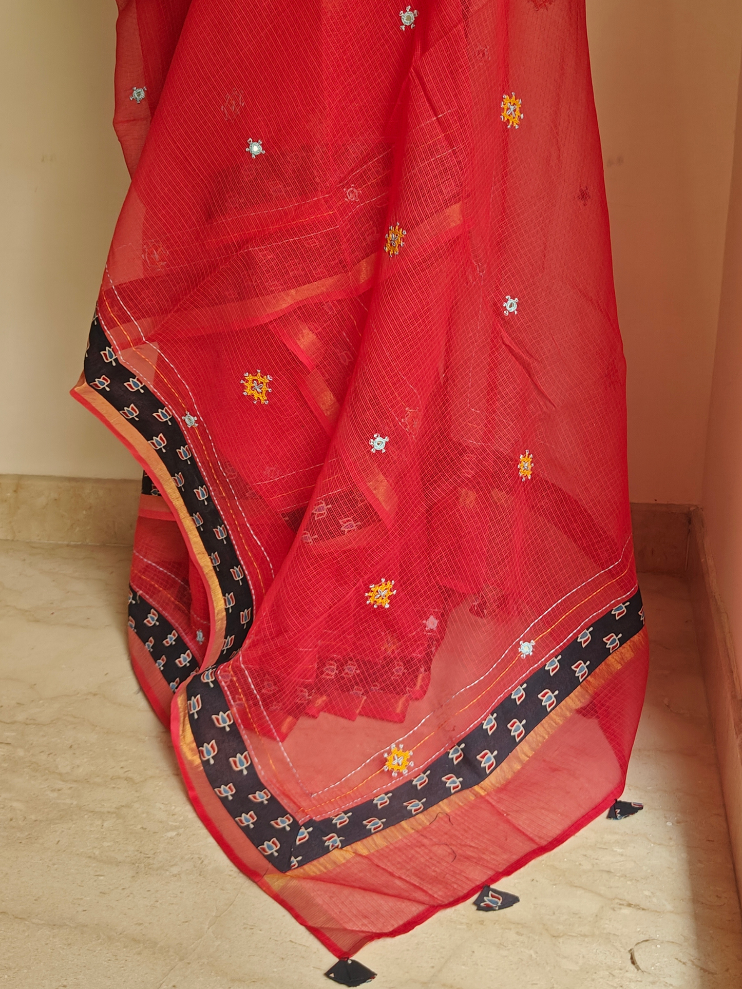 Red Kota Patchwork Hand Embroidered Saree