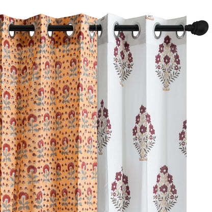 Mustard and Maroon Booti Jaal with Mustard and Maroon Bajra Cotton Handblock Combo (Set of 4 Curtains)