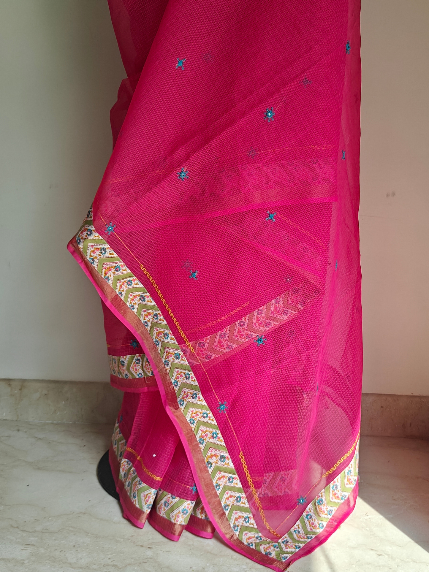 Rani Pink Kota Patchwork Hand Embroidered Saree