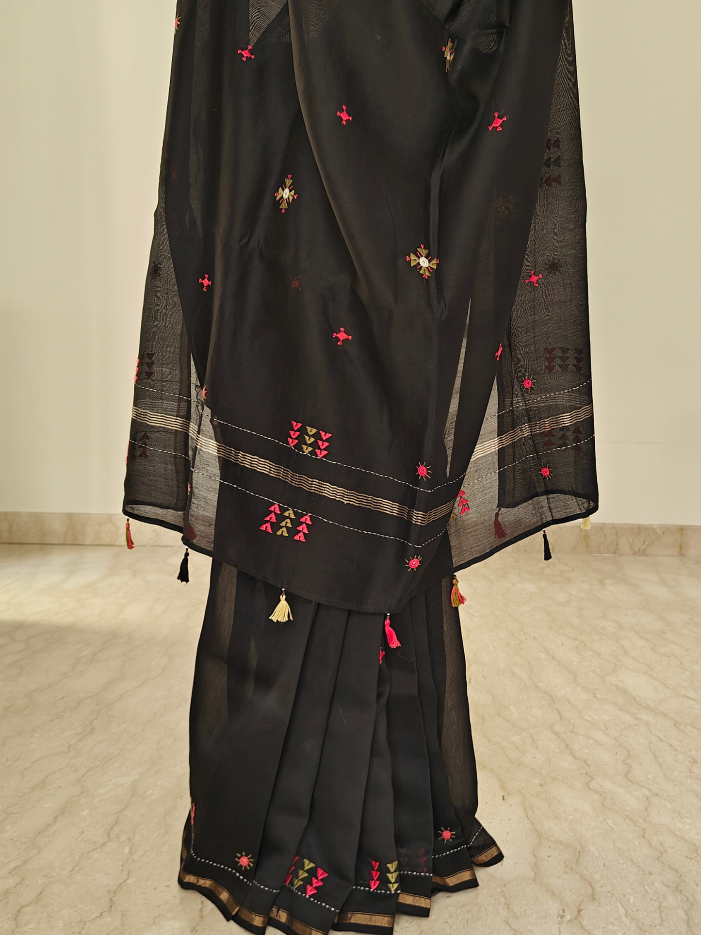 Black Silk-Cotton Chanderi Hand-Embroidered Saree