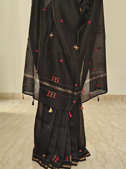 Black Silk-Cotton Chanderi Hand-Embroidered Saree
