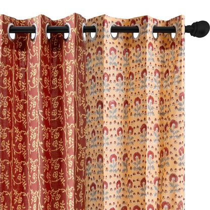 Rust Jaal with Mustard and Maroon Booti Jaal Cotton Handblock Combo (Set of 4 Curtains)