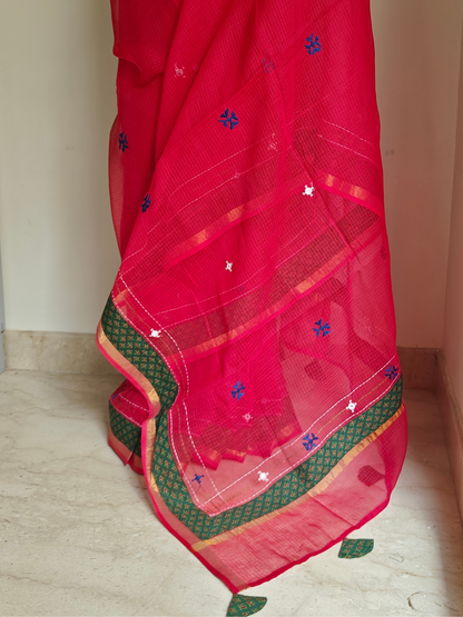 Red Kota Patchwork Hand Embroidered Saree