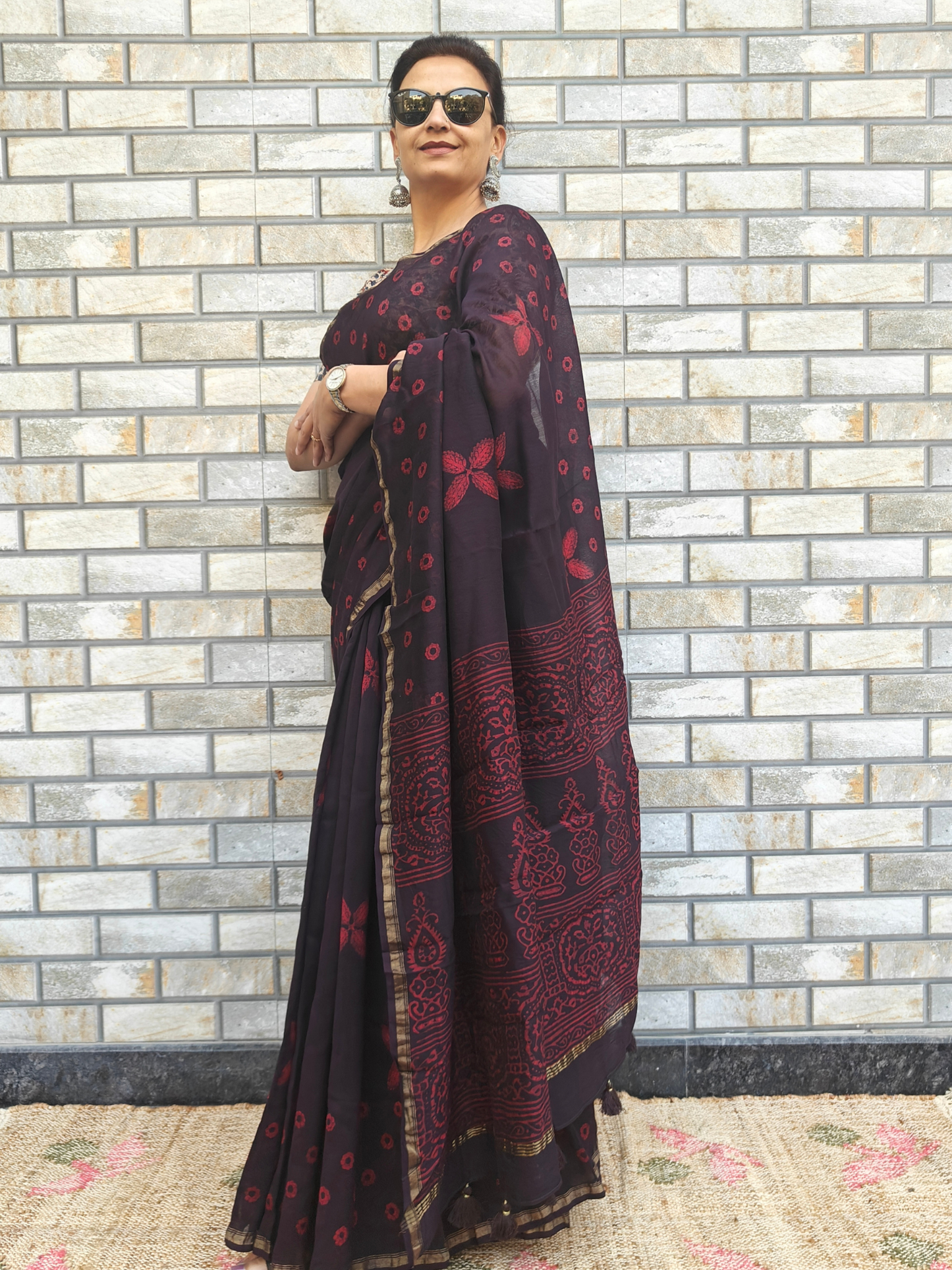 Coffee-Maroon Dabu Handblock Print Chanderi Saree