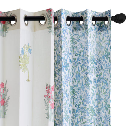 Skyblue and Seagreen Jaal with Morning Meadow Boota Cotton Handblock Combo (Set of 4 Curtains)