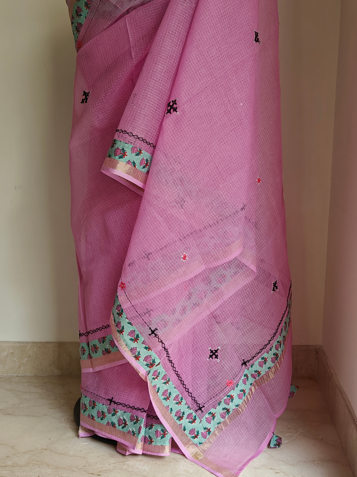 Pink Kota Patchwork Hand Embroidered Saree