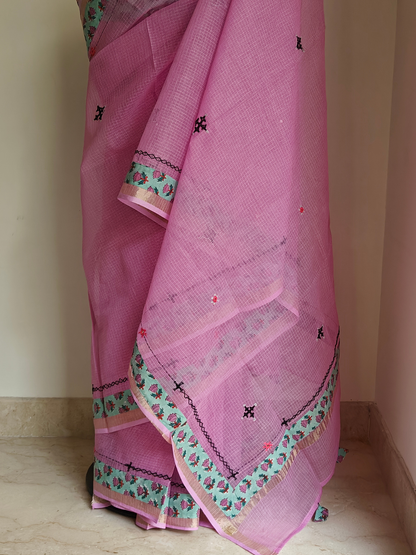 Pink Kota Patchwork Hand Embroidered Saree