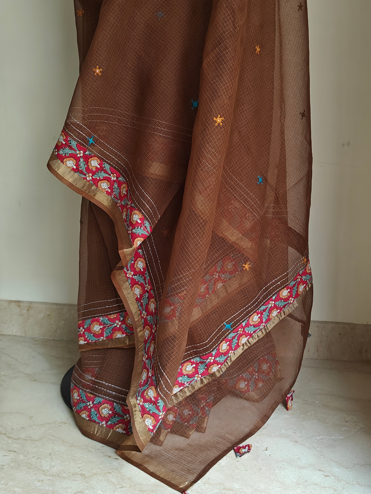 Brown Kota Patchwork Hand Embroidered Saree