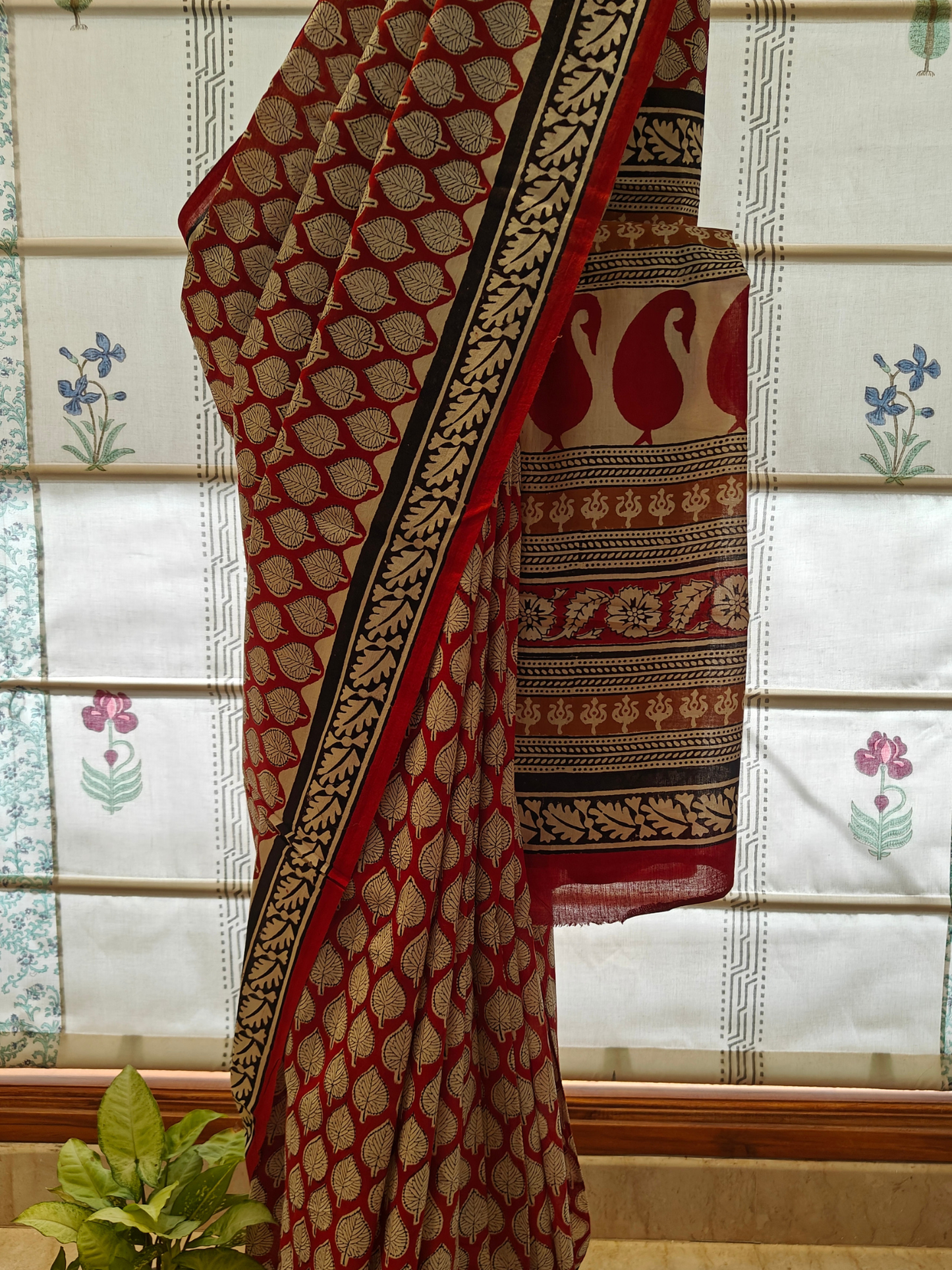 Maroon Bagru Handblock Printed Mull Cotton saree