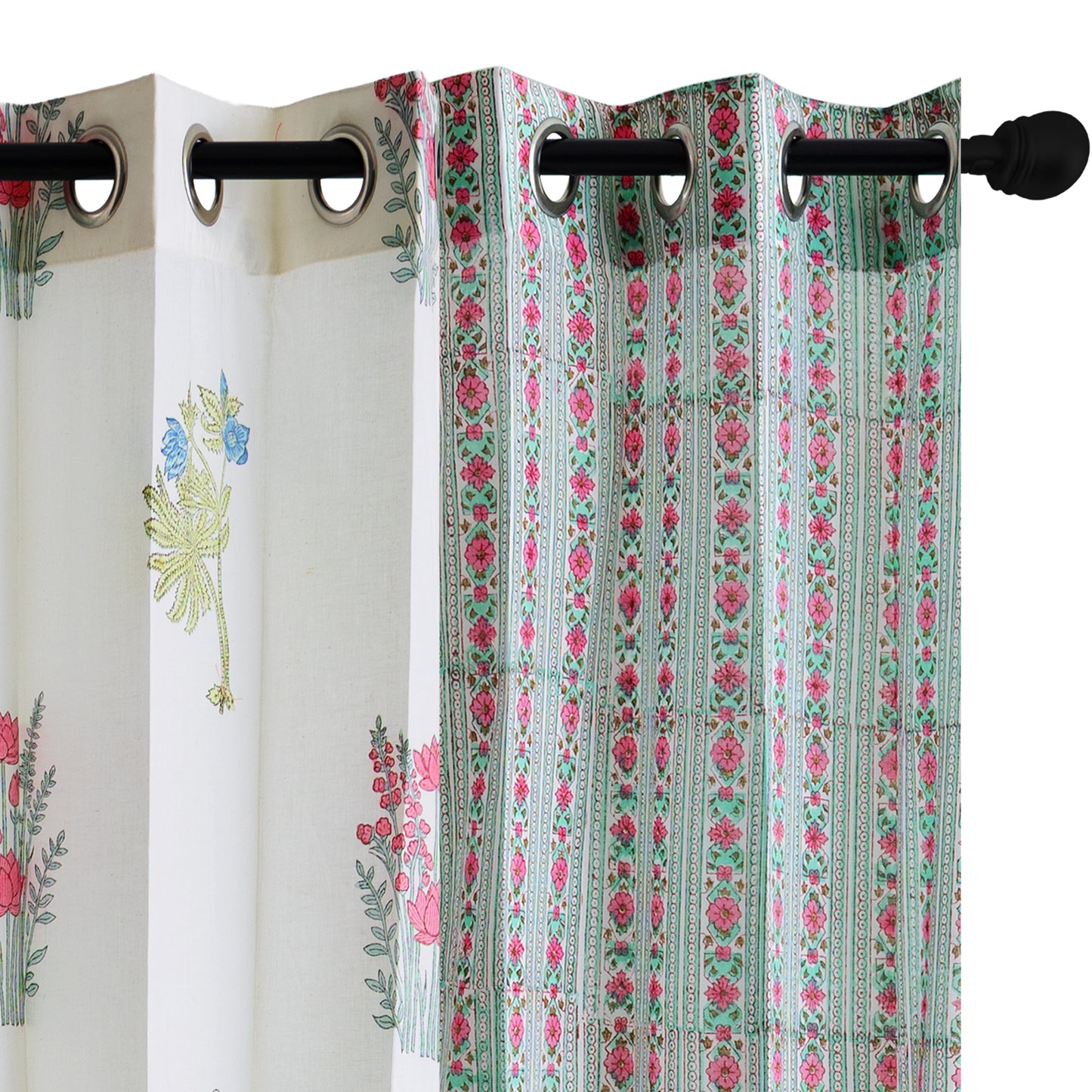 Seagreen and Pink Pattern Jaal with Morning Meadow Boota Cotton Handblock Combo (Set of 4 Curtains)
