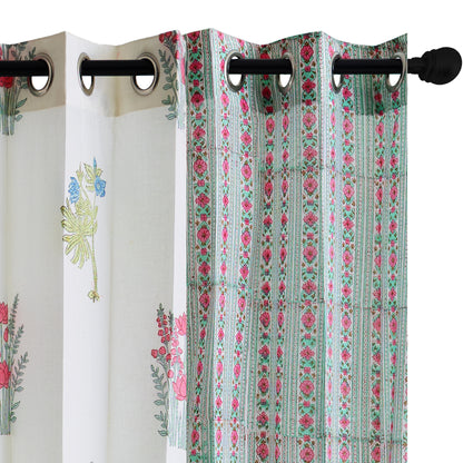 Seagreen and Pink Pattern Jaal with Morning Meadow Boota Cotton Handblock Combo (Set of 4 Curtains)