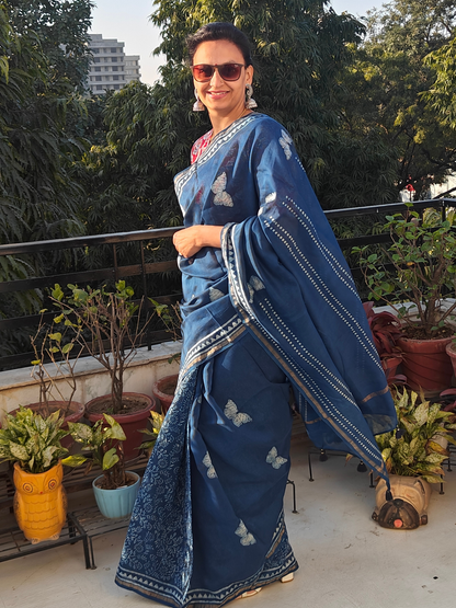 Indigo Dabu Handblock Print Chanderi Saree (Copy)
