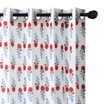Red and Skyblue Booti Cotton Handblock Curtain (Pair of 2 Curtains)