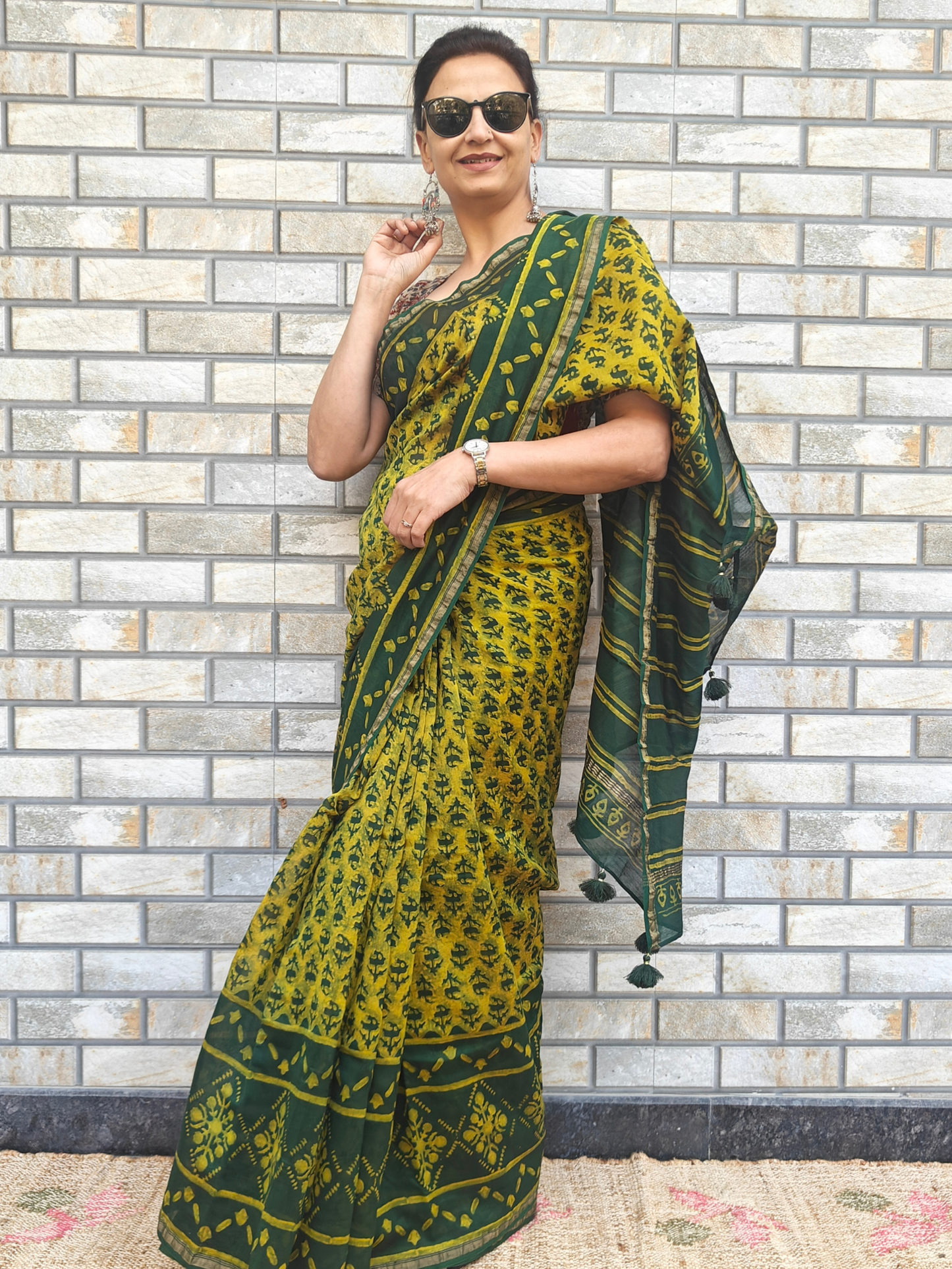 Green-Yellow Dabu Handblock Print Chanderi Saree