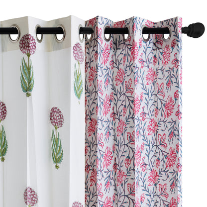Pink Skyblue Jaal with Anarkali Boota Cotton Handblock Combo (Set of 4 Curtains)