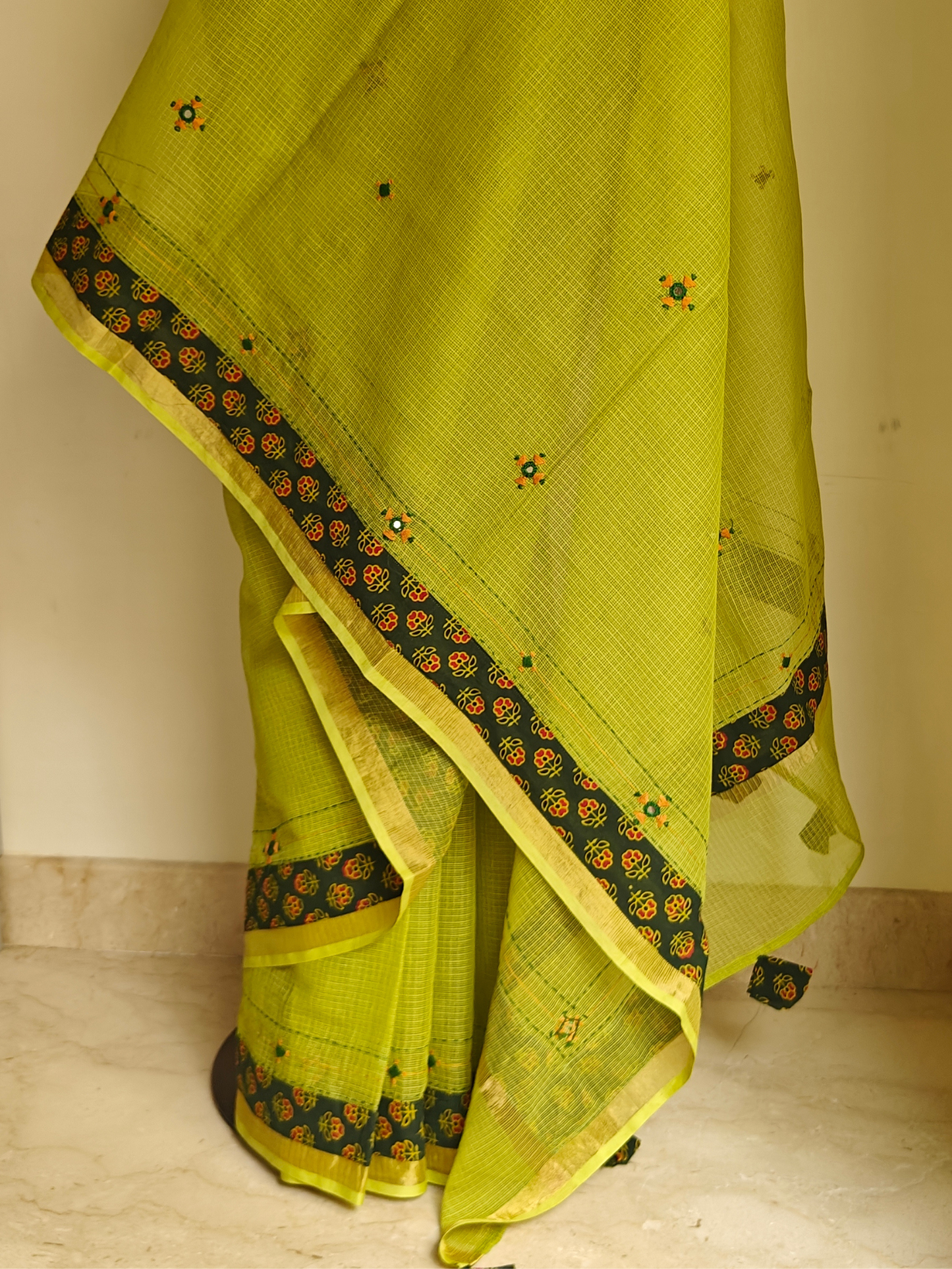 Lime Green Kota Patchwork Hand Embroidered Saree