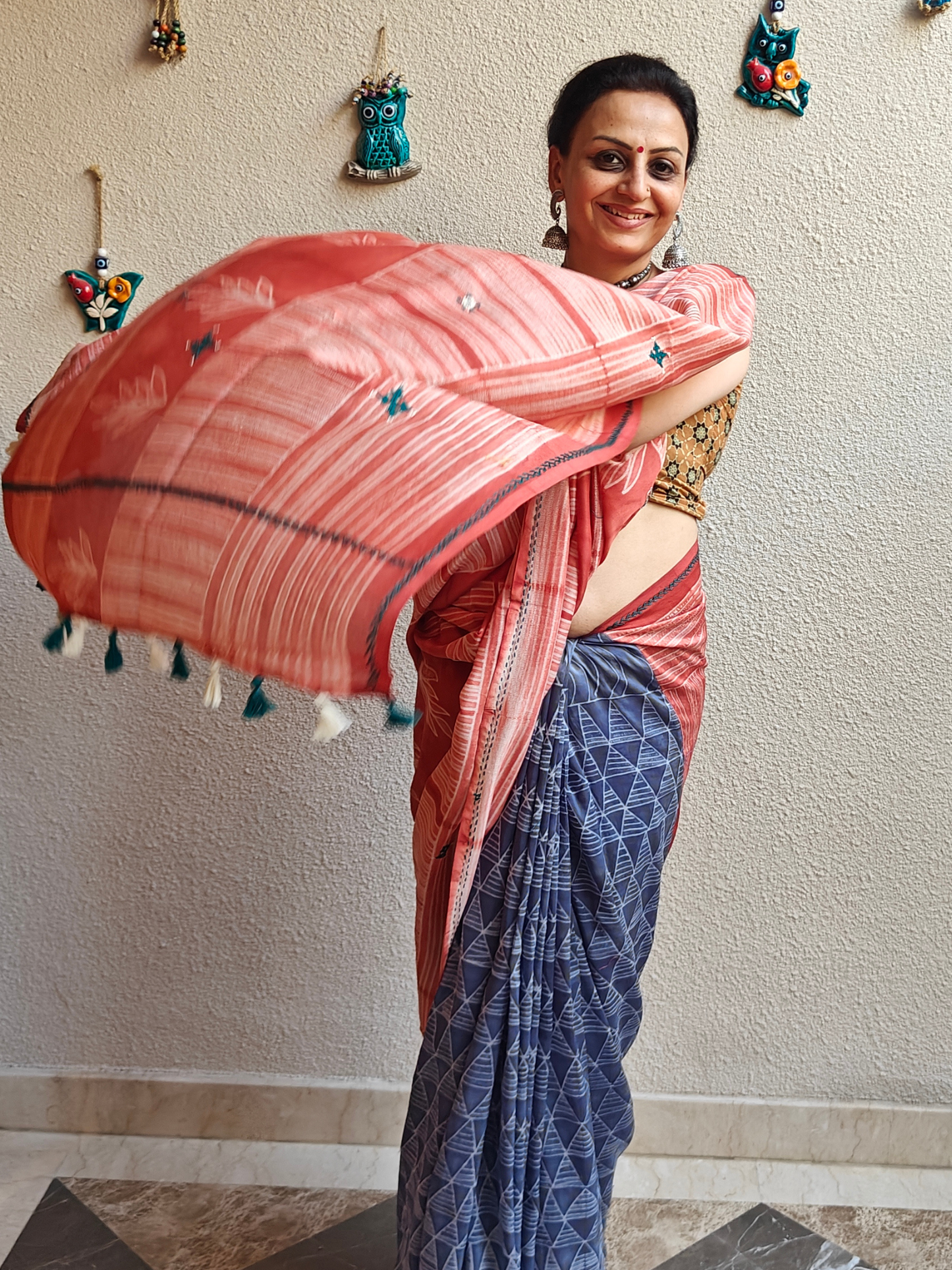 Peach-Blue Half & Half Shibori Handcrafted Saree