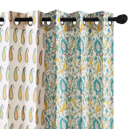Yellow and Seagreen Jaal with Yellow Paisley Cotton Handblock Combo (Set of 4 Curtains)