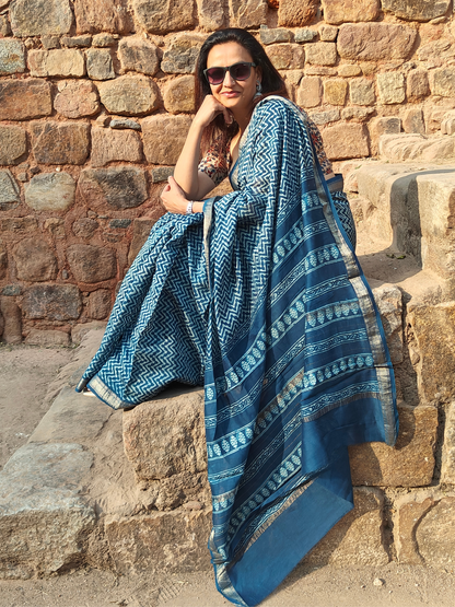 Indigo Dabu Handblock Print Chanderi Saree