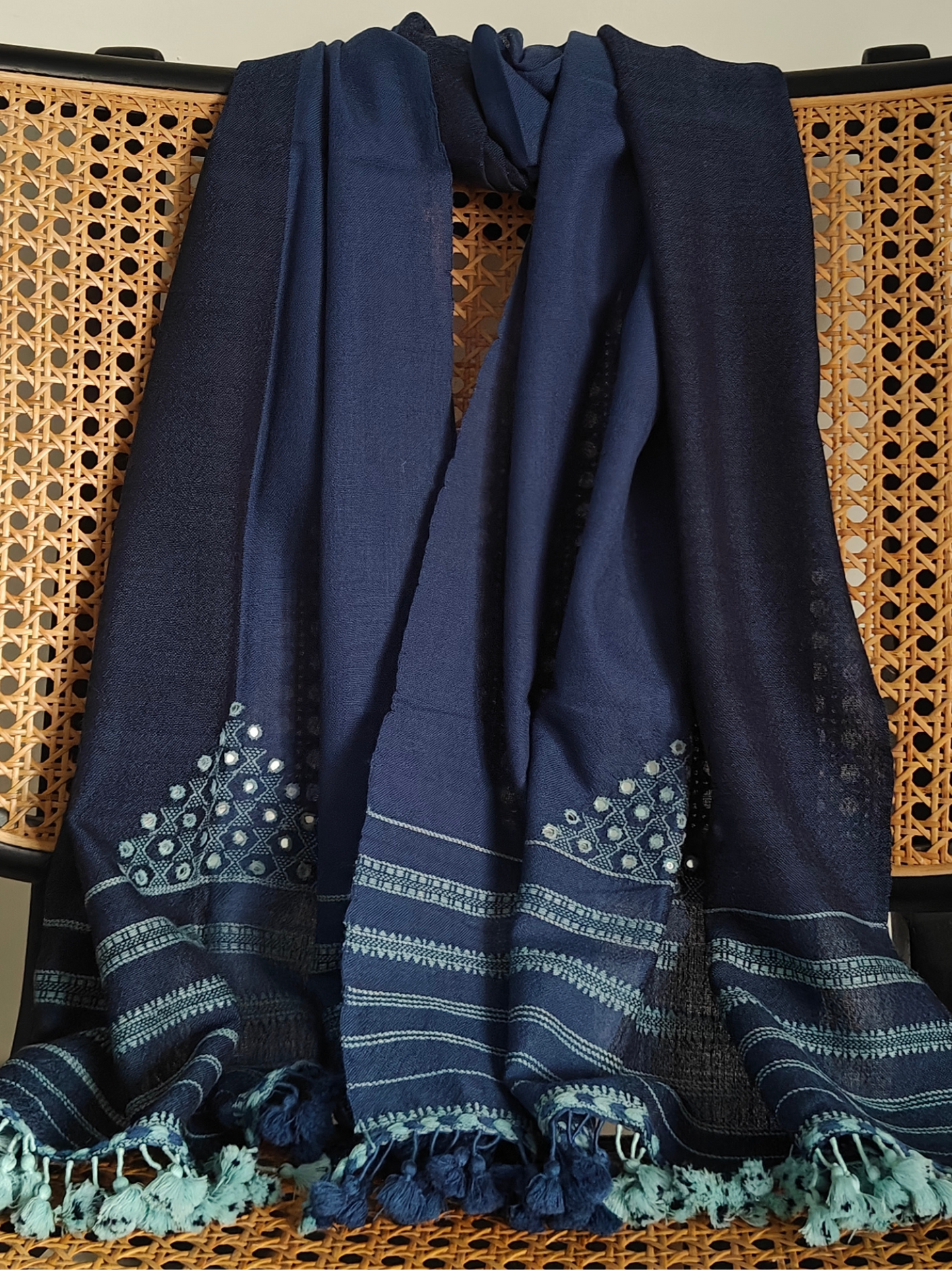 Indigo Blue Half & Half Handwoven Woollen Stole with Handembroidery & Mirror Work