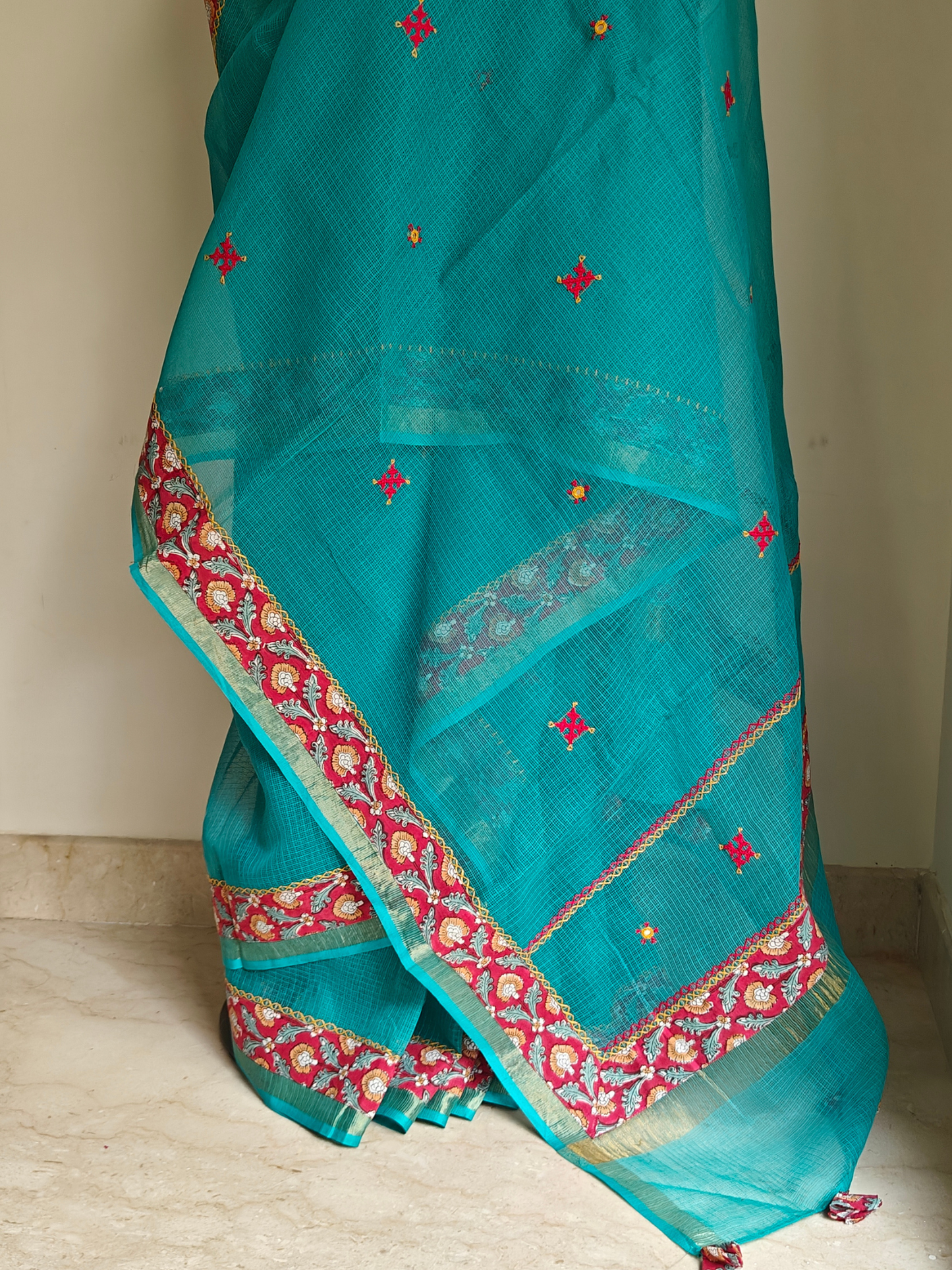 Blue Kota Patchwork Hand Embroidered Saree