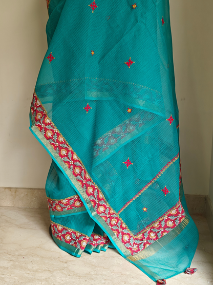 Blue Kota Patchwork Hand Embroidered Saree