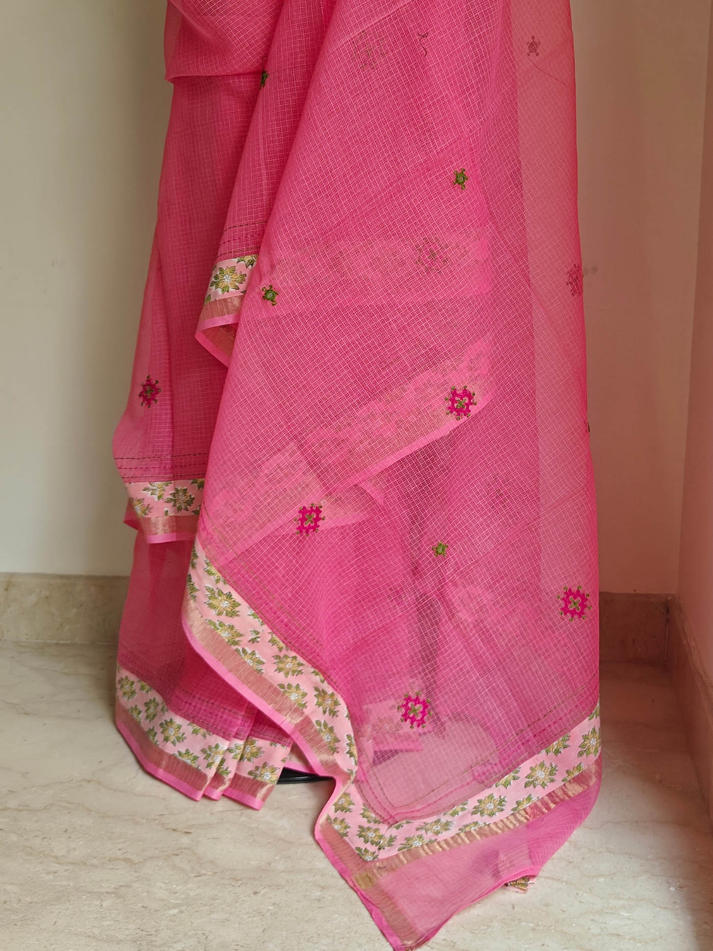 Pink Kota Patchwork Hand Embroidered Saree