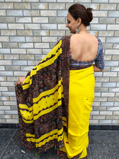 Yellow Ajrakh Handcrafted Saree