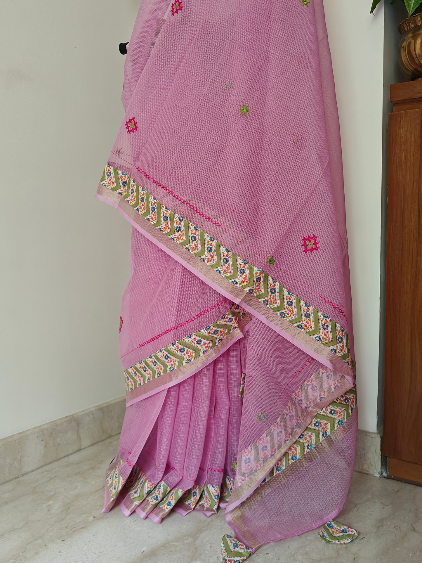 Pink Kota Patchwork Hand Embroidered Saree