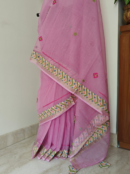 Pink Kota Patchwork Hand Embroidered Saree
