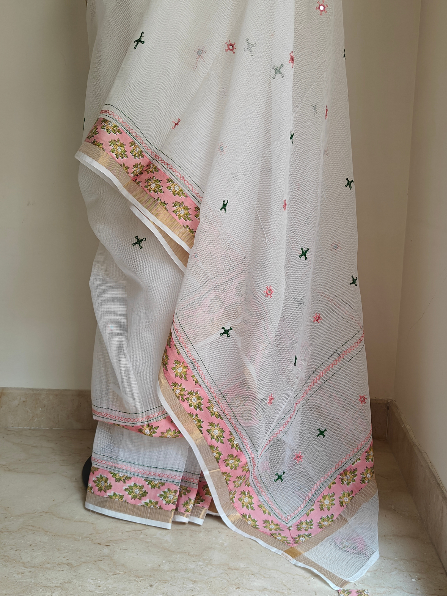 White Kota Patchwork Hand Embroidered Saree