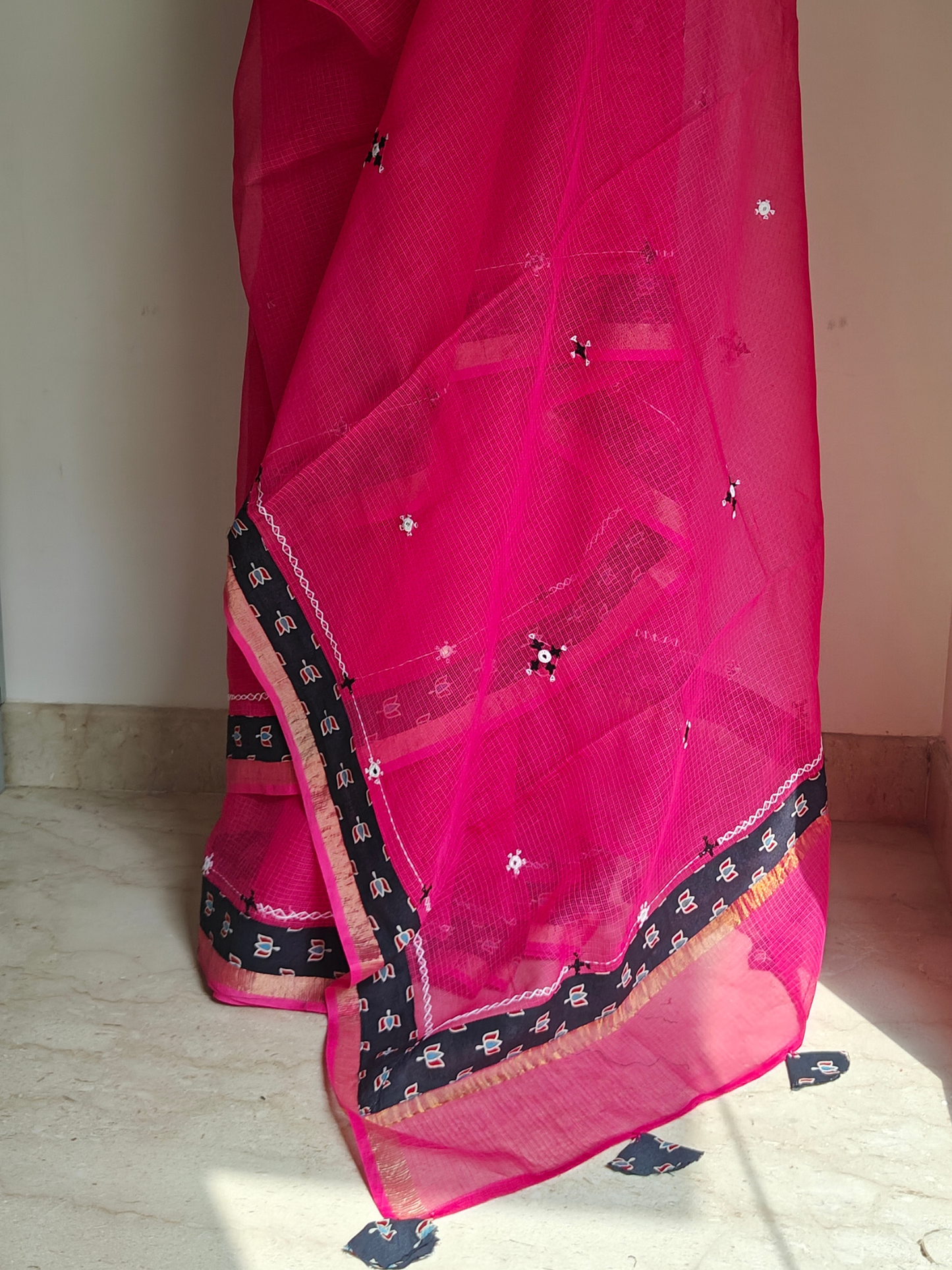 Rani Pink Kota Patchwork Hand Embroidered Saree