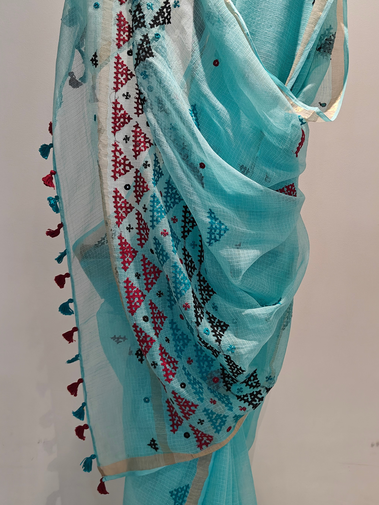Aqua Blue Kota Hand Embroidered Saree