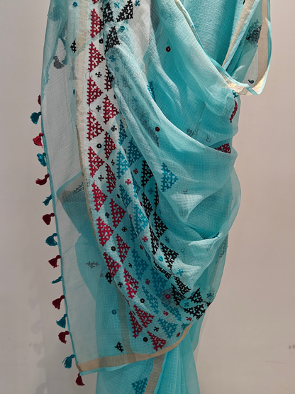 Aqua Blue Kota Hand Embroidered Saree
