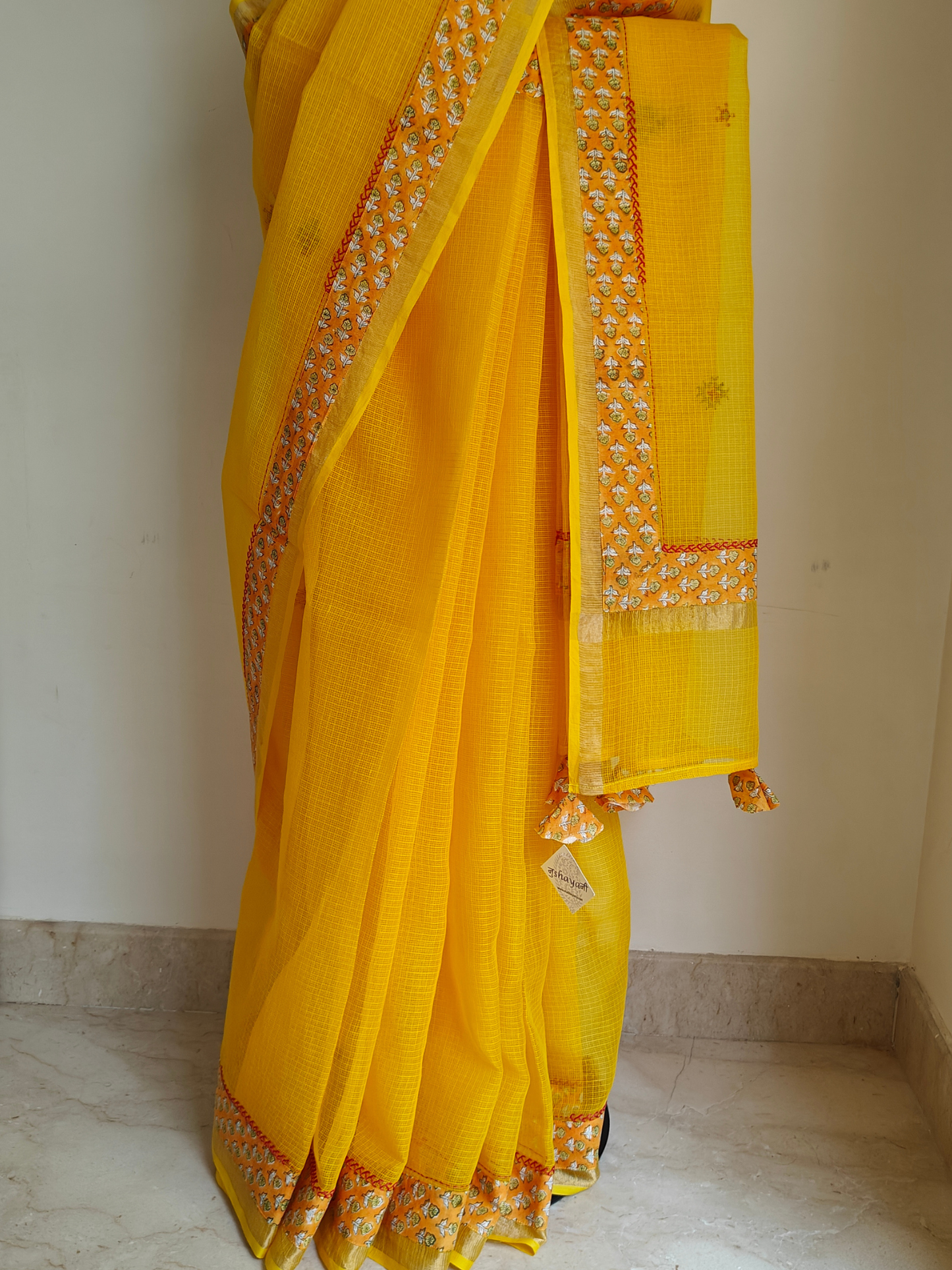 Yellow Kota Patchwork Hand Embroidered Saree