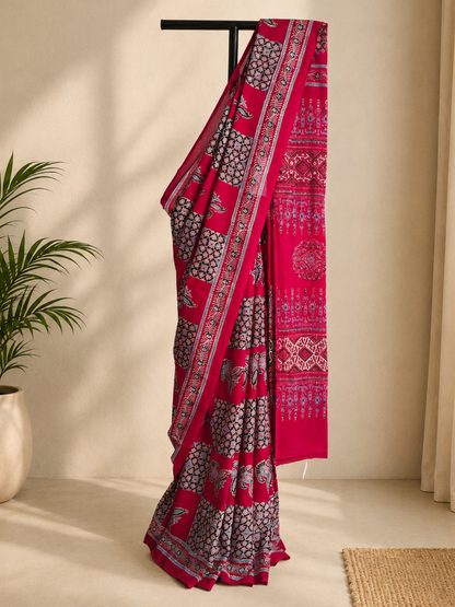 Red Ajrakh Handblock Printed Mull Cotton Saree