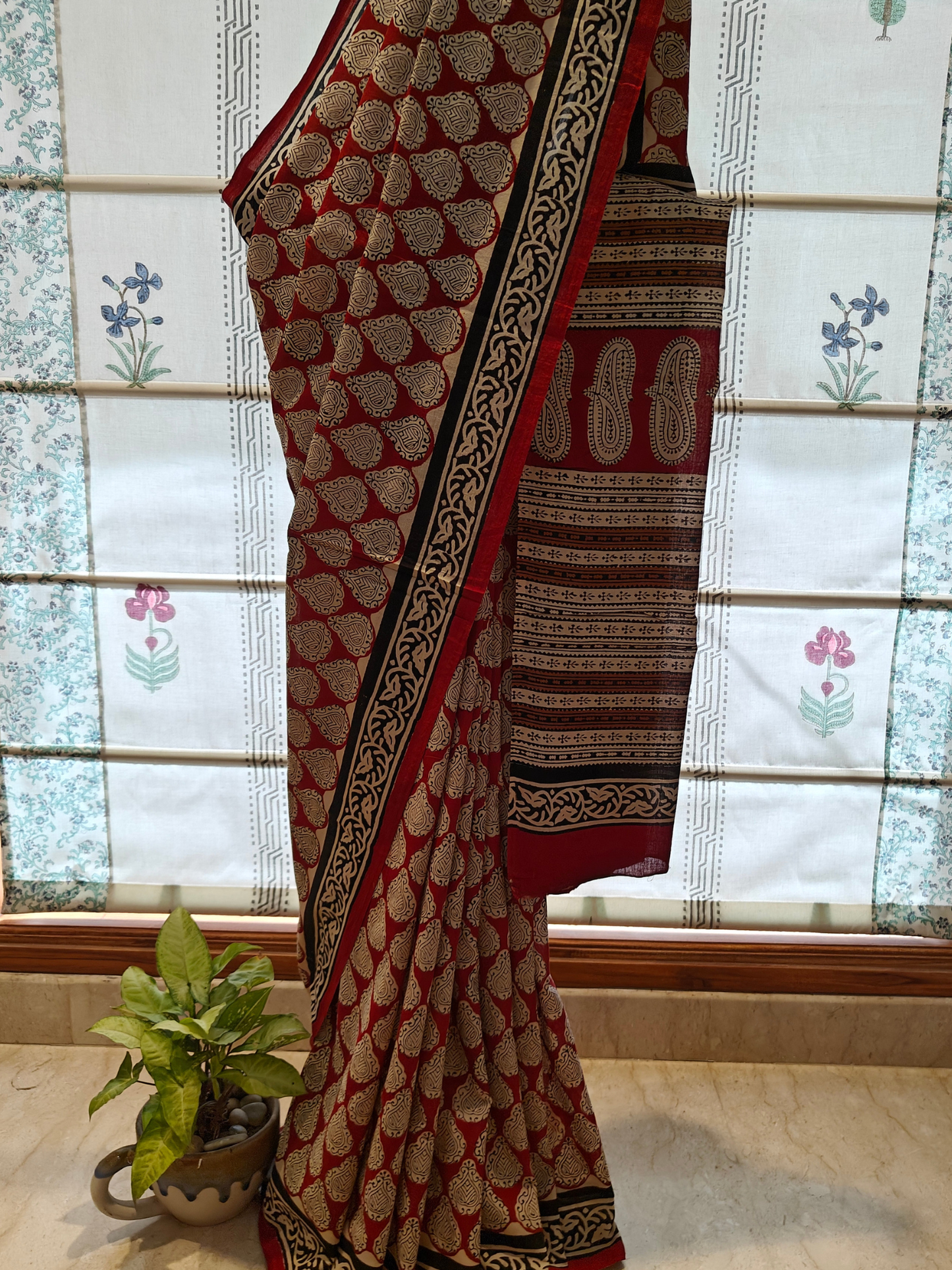 Maroon Bagru Handblock Printed Mull Cotton Saree