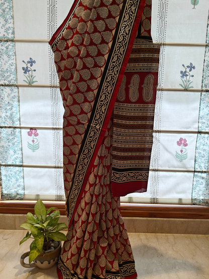 Maroon Bagru Handblock Printed Mull Cotton Saree